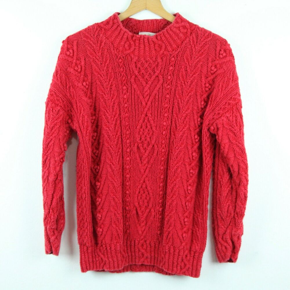 Vintage Express Chunky Knit Sweater Cable Bobble Mockneck‎ Red Medium 90s Preppy